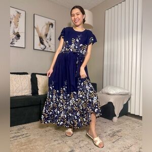 River Long Flowy Dress with Detachable Tie | Spring Outfit | NAVY BLUE